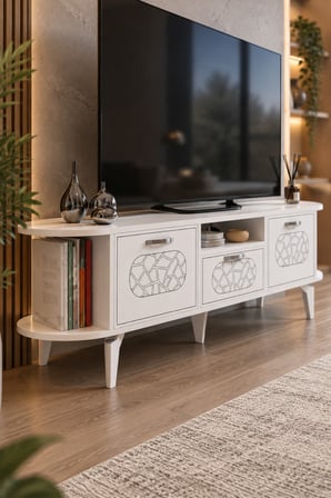 SuloraHome Gümüş Detaylı Beyaz TV Ünitesi 160 cm