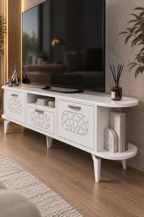 SuloraHome Gümüş Detaylı Beyaz TV Ünitesi 160 cm