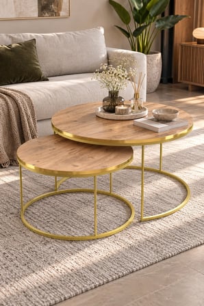 SuloraHome 2'li Yuvarlak Orta Sehpa Seti Ceviz ve Gold Metal Ayaklı