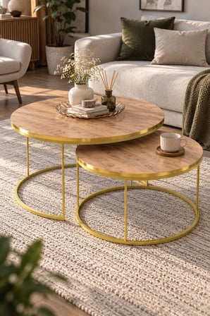 SuloraHome 2'li Yuvarlak Orta Sehpa Seti Ceviz ve Gold Metal Ayaklı