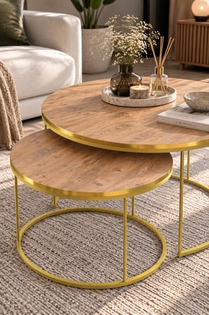SuloraHome 2'li Yuvarlak Orta Sehpa Seti Ceviz ve Gold Metal Ayaklı