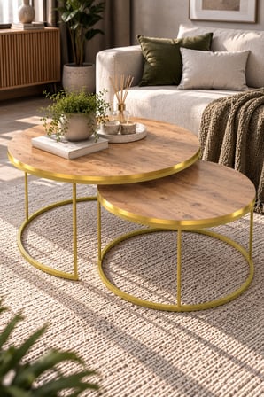 SuloraHome 2'li Yuvarlak Orta Sehpa Seti Ceviz ve Gold Metal Ayaklı