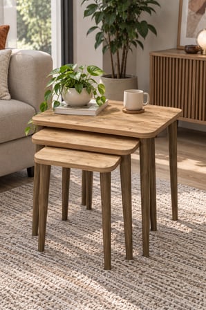 SuloraHome Ahşap Torna Ayaklı Zigon Sehpa Seti Ceviz