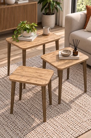 SuloraHome Ahşap Torna Ayaklı Zigon Sehpa Seti Ceviz