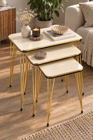 SuloraHome Gold Tel Zigon Sehpa Takımı Krem Bej 3'lü