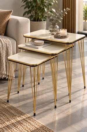 SuloraHome Gold Tel Zigon Sehpa Takımı Krem Bej 3'lü