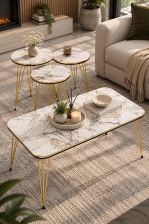 SuloraHome Gold Tel Ayaklı Mermer Desenli 4'lü Sehpa Seti Beyaz