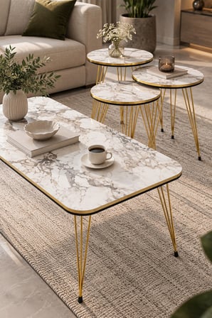 SuloraHome Gold Tel Ayaklı Mermer Desenli 4'lü Sehpa Seti Beyaz