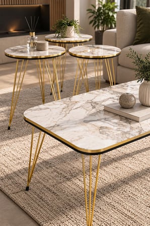 SuloraHome Gold Tel Ayaklı Mermer Desenli 4'lü Sehpa Seti Beyaz