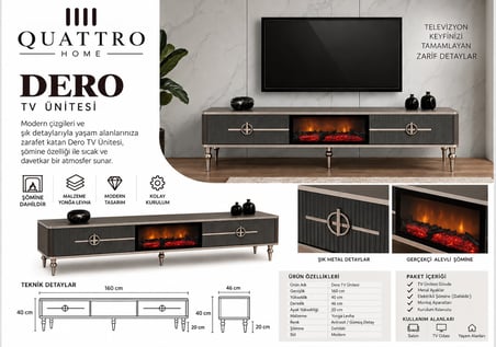 Dero Elektrikli Şömineli Antrasit Gümüş Detaylı TV Ünitesi 160 cm
