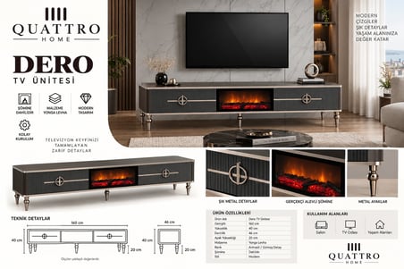 Dero Elektrikli Şömineli Antrasit Gümüş Detaylı TV Ünitesi 160 cm