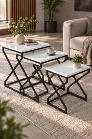 SuloraHome Modern Zigon Sehpa Seti Beyaz ve Siyah Metal Ayaklı