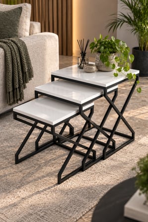 SuloraHome Modern Zigon Sehpa Seti Beyaz ve Siyah Metal Ayaklı