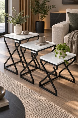 SuloraHome Modern Zigon Sehpa Seti Beyaz ve Siyah Metal Ayaklı