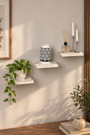 SuloraHome 3'lü Kare Duvar Rafı Seti - Mermer Desenli Beyaz
