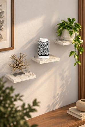 SuloraHome 3'lü Kare Duvar Rafı Seti - Mermer Desenli Beyaz