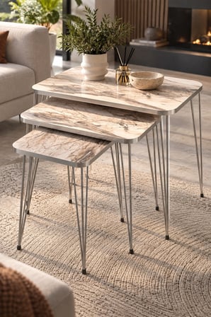 SuloraHome Gümüş Tel Ayaklı Mermer Desenli 3'lü Zigon Sehpa Takımı