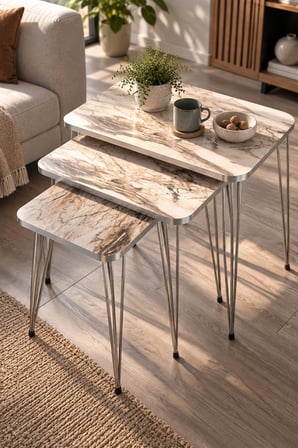 SuloraHome Gümüş Tel Ayaklı Mermer Desenli 3'lü Zigon Sehpa Takımı