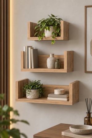 SuloraHome Ceviz Desenli U Tipi Duvar Rafı 43 cm