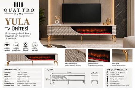 Yula Elektrikli Şömineli TV Ünitesi 170 cm Kum Beji Gold Metal Ayaklı Modern TV Sehpası