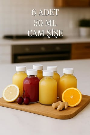 6 Adet Cam 50 ml Mini Shot Ginger Detox Şişe Plastik Sızdırmaz Kapaklı Kolonya Koku Süs Küçük Şişe