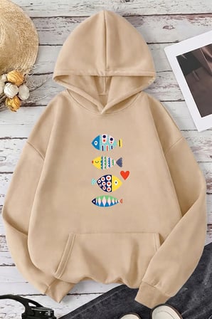 Unisex Balık Baskılı Oversize Hoodie Kapüşonlu Sweatshirt