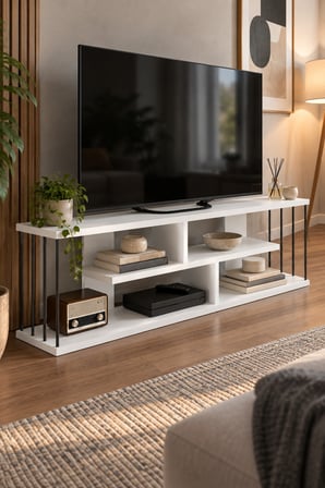 SuloraHome 140 cm TV Unit with Shelves and Metal Side Supports
