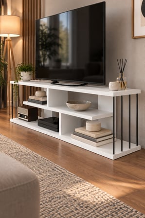 SuloraHome 140 cm TV Unit with Shelves and Metal Side Supports