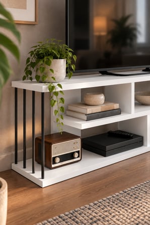 SuloraHome 140 cm TV Unit with Shelves and Metal Side Supports