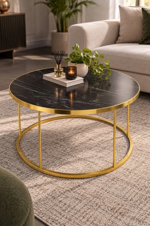 SuloraHome Siyah ve Gold Ayaklı Yuvarlak Orta Sehpa