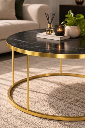 SuloraHome Siyah ve Gold Ayaklı Yuvarlak Orta Sehpa