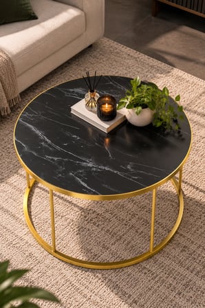 SuloraHome Siyah ve Gold Ayaklı Yuvarlak Orta Sehpa
