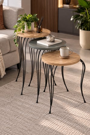 SuloraHome Lükens Metal Ayaklı 3'lü Zigon Sehpa Takımı Antrasit Gri ve Ahşap Görünümlü