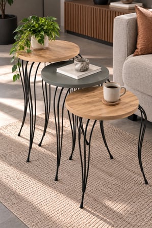 SuloraHome Lükens Metal Ayaklı 3'lü Zigon Sehpa Takımı Antrasit Gri ve Ahşap Görünümlü