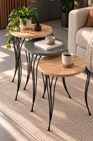 SuloraHome Lükens Metal Ayaklı 3'lü Zigon Sehpa Takımı Antrasit Gri ve Ahşap Görünümlü
