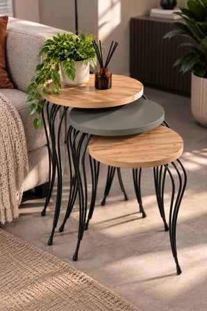 SuloraHome Lükens Metal Ayaklı 3'lü Zigon Sehpa Takımı Antrasit Gri ve Ahşap Görünümlü
