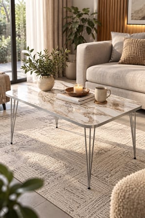 SuloraHome Gümüş Tel Ayaklı Mermer Desenli Beyaz Orta Sehpa 90x50 cm