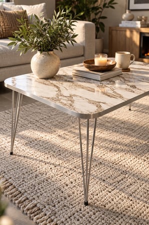SuloraHome Gümüş Tel Ayaklı Mermer Desenli Beyaz Orta Sehpa 90x50 cm