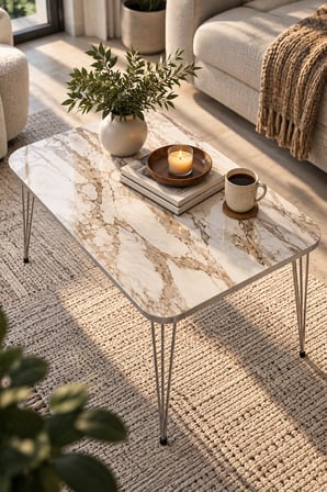 SuloraHome Gümüş Tel Ayaklı Mermer Desenli Beyaz Orta Sehpa 90x50 cm