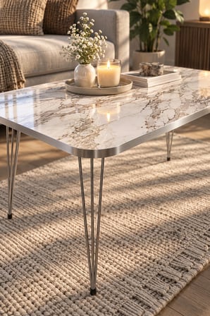 SuloraHome Gümüş Tel Ayaklı Mermer Desenli Beyaz Orta Sehpa 90x50 cm