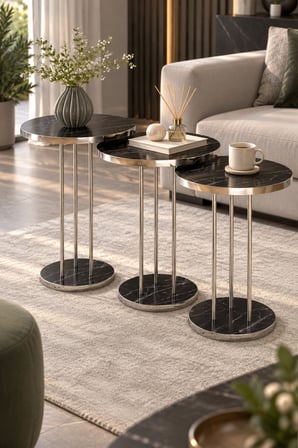 SuloraHome Siyah Mermer Desenli Gümüş Metal Ayaklı 3'lü Zigon Sehpa Takımı