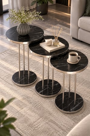 SuloraHome Siyah Mermer Desenli Gümüş Metal Ayaklı 3'lü Zigon Sehpa Takımı