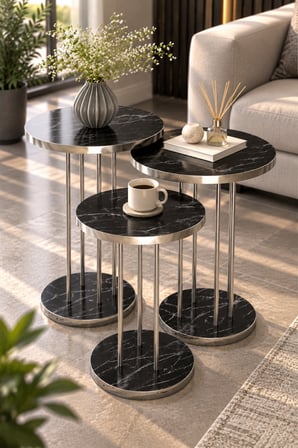 SuloraHome Siyah Mermer Desenli Gümüş Metal Ayaklı 3'lü Zigon Sehpa Takımı
