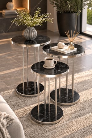 SuloraHome Siyah Mermer Desenli Gümüş Metal Ayaklı 3'lü Zigon Sehpa Takımı