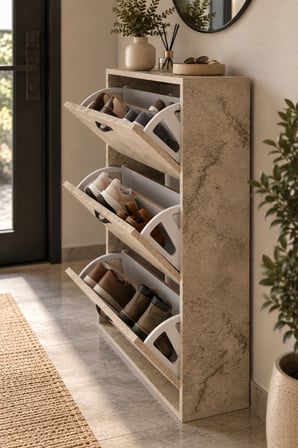 SuloraHome Düşer Kapaklı Ayakkabılık Ekru Traverten Desenli 74 cm