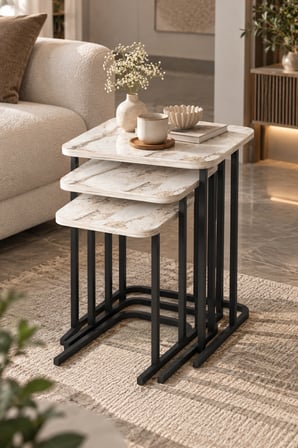 SuloraHome Ekru Mermer Desenli 3'lü Zigon Sehpa Seti Metal Ayaklı