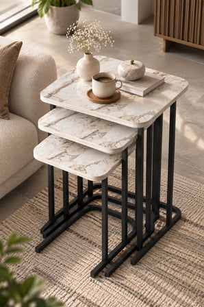SuloraHome Ekru Mermer Desenli 3'lü Zigon Sehpa Seti Metal Ayaklı