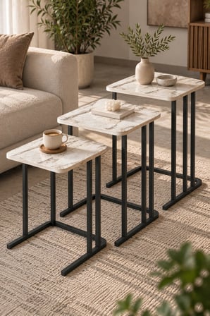 SuloraHome Ekru Mermer Desenli 3'lü Zigon Sehpa Seti Metal Ayaklı