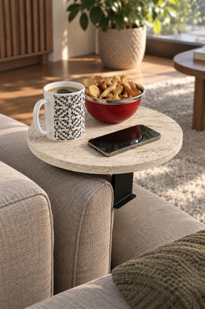 SuloraHome Ekru Traverten Desenli Koltuk Kolu Yan Sehpa 34 cm