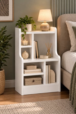 SuloraHome Komodin Raflı Kitaplık Çok Bölmeli Beyaz Yan Sehpa Organizer